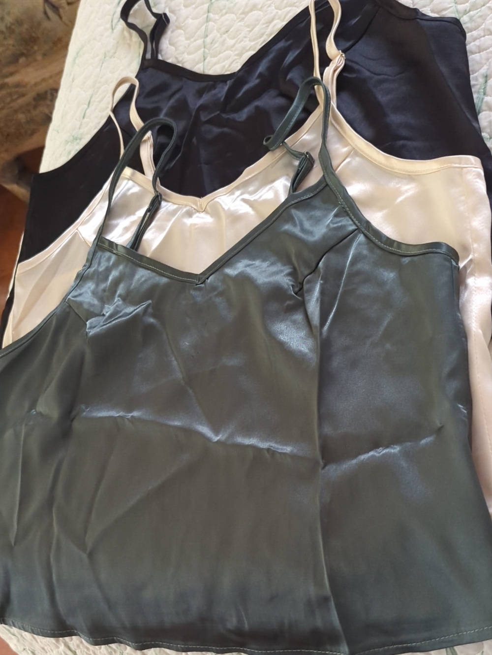 Satin V-Neck Cami Tank Top - Olive, Cream, Black